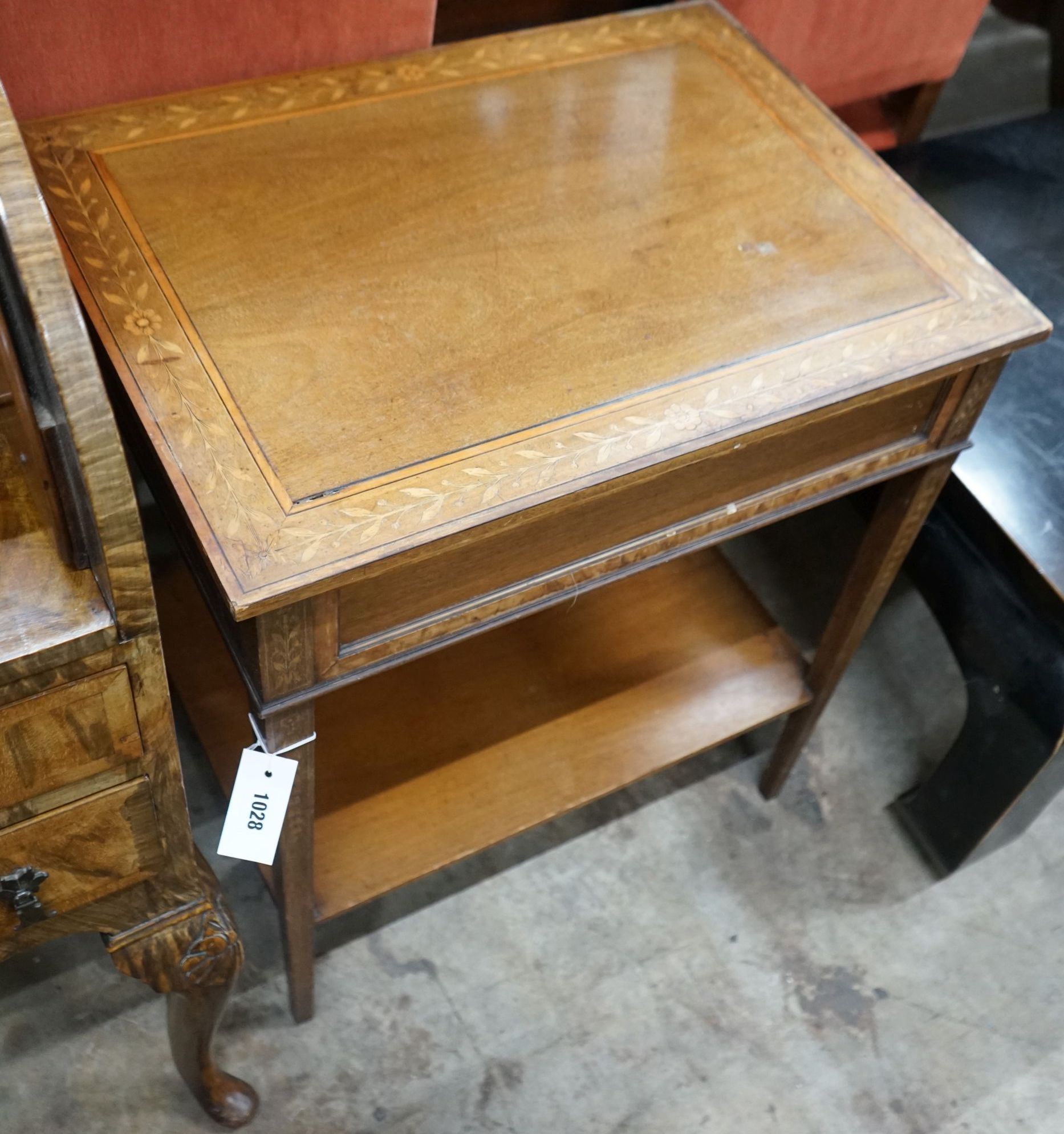 An Edwardian rectangular marquetry inlaid mahogany bijouterie style table, width 61cm, depth 46cm, height 72cm